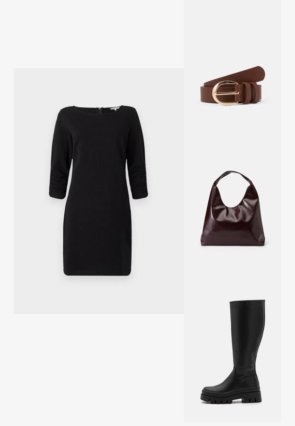 Vestido negro con mangas de tres cuartos, escote redondeado, material texturizado y cierre con cremallera en la parte posterior, que ofrece una silueta ajustada.; Even&Odd Botas con plataforma - black; Bolso tote vegan de cuero brillante en burdeos, con una forma suave y escultórica y un asa ancha y curvada para facilitar el transporte.; Cinturón de cuero marrón con una hebilla dorada brillante y dos lazos de cuero. Textura suave, diseño plano y extremos redondeados.
