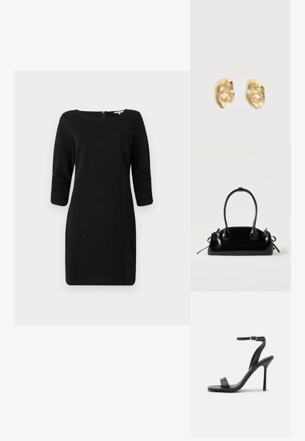 Sort kjole med trekvartærmer, scoop neckline, struktureret materiale og lynlås i ryggen, som tilbyder en tætsiddende silhuet.; Sort højhælet sandal med en slank ankelrem og to forreste bånd. Lavet af glat læder med en slank spids tå og stilettohæl.; Lille sort blank håndtaske med to lange håndtag og snøre-detaljer i siden på en ensfarvet lys baggrund.; Par skinnende, ujævnt formede øreringe af guldmetal med en krøllet, glat overflade på en ensartet lys baggrund.