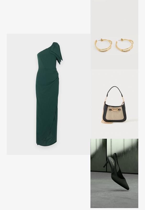 Robe longue vert foncé à une épaule avec un grand nœud décoratif sur l'épaule et une silhouette ajustée froncée.; Chaussure slingback noire à talon haut avec bout pointu et bride cheville, marquée "ANNA FIELD", flottant légèrement au-dessus d'une surface grise.; Petit sac à main beige et noir avec bandoulière chaîne dorée et détail métallique doré sur l'avant, sur un fond clair uni.; Boucles d'oreilles créoles en or au design torsadé avec petits cristaux incrustés, présentées sur fond blanc.