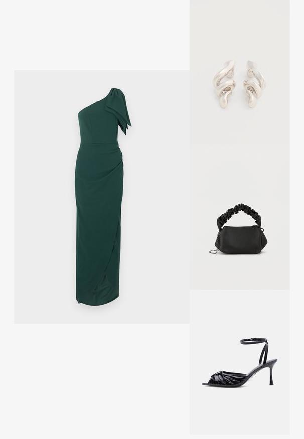 Robe longue vert foncé à une épaule avec un grand nœud décoratif sur l'épaule et une silhouette ajustée froncée.; Sandale à talon haut en cuir verni noir avec bout ouvert, devant froncé et bride de cheville réglable avec boucle.; Sac à main noir de forme arrondie, fabriqué en matériau lisse. Doté d'une poignée douce et froncée ainsi que d'une bandoulière en chaîne métallique pour plus de polyvalence.; Boucles d'oreilles clips en métal argenté torsadé avec une finition lisse et brillante, présentant un design moderne et abstrait en spirale.