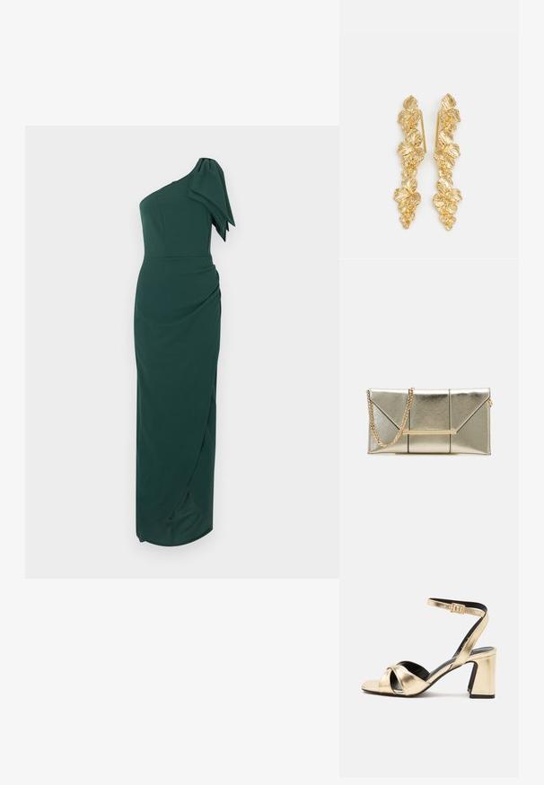 Donkergroene lange jurk met één schouder, voorzien van een grote strikdetail op de schouder en een aansluitende, gerimpelde silhouet.; Gouden metallic open-toe sandaal met hak, enkelbandje en blokhak op effen witte achtergrond.; Gouden metallic clutch tas met een gestructureerd ontwerp, voorzien van diagonale naden en een gouden kettinghengsel. Inclusief een metalen accentbalk aan de voorkant.; Gouden oorbellen ontworpen als watervallen van bladeren, met gedetailleerde bladvormen en een glanzende metalen afwerking. Lichtgewicht met een delicate structuur.