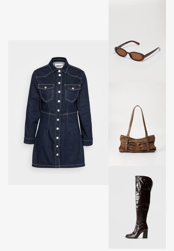 Vestido de camisa de denim oscuro con mangas largas, cuello puntiagudo, dos bolsillos en el pecho y botones a presión plateados en el frente. Presenta costuras visibles.; Botas de cuero burdeos brillante hasta la rodilla, con punta cuadrada y tacón ancho, con un diseño holgado y detalles mínimos de costura.; Gafas de sol redondas con tinte marrón y un marco burdeos brillante. Patillas delgadas con un sutil detalle de marca. Diseño de lentes planos.; Even&Odd Bolso de mano - brown