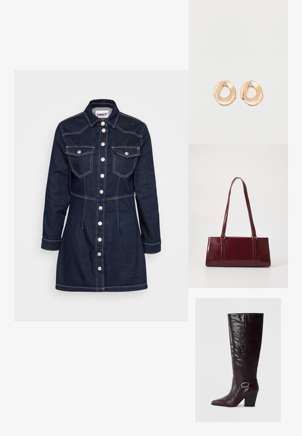 Vestido de camisa de denim oscuro con mangas largas, cuello puntiagudo, dos bolsillos en el pecho y botones a presión plateados en el frente. Presenta costuras visibles.; Botas de cuero burdeos hasta la rodilla con puntera afilada, acabado texturizado y tacón cuadrado. Presentan una correa con un detalle de hebilla plateada.; Bolso burdeos hecho de material brillante, de forma rectangular, con dos asas para el hombro y sutiles acentos curvados en la parte frontal.; Par de pendientes de aro de metal en tono dorado pulido, de forma irregular y con centro abierto, sobre un fondo blanco liso.