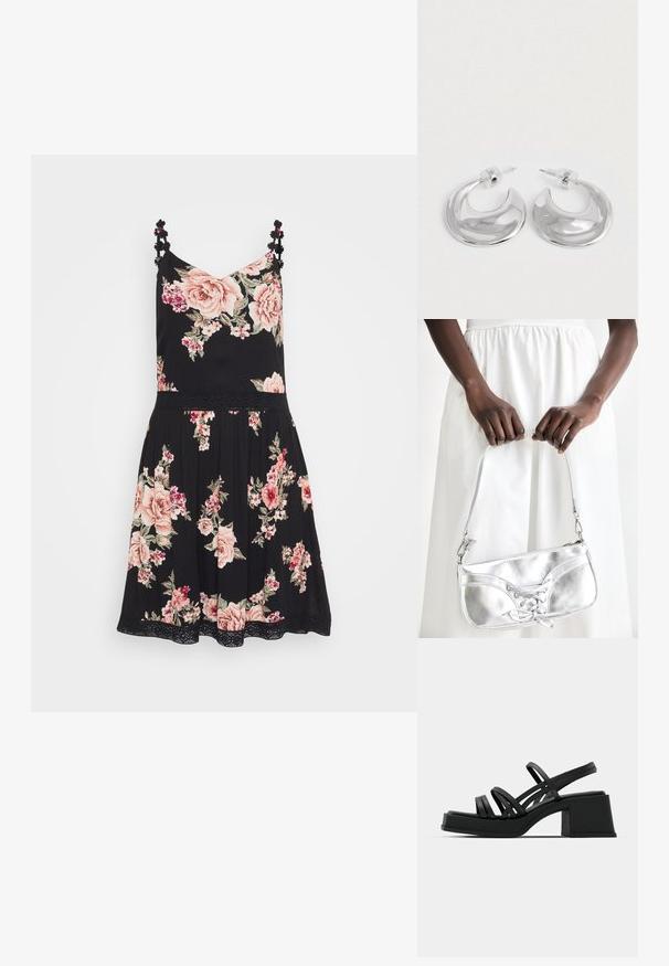 Zwarte bloemenjurk met roze rozen, spaghettibandjes met bloemaccenten en een geplooide rok. Lichtgewicht stof en kanten rand aan de onderkant.; Zwarte hakken sandalen met meerdere dunne banden en een brede blokhak. Strak ontwerp met een matte textuur. De voetbed heeft een lichte curve.; Zilveren metalen handtas met vetersluiting, met een strak ontwerp en een korte schouderriem. De tas wordt vastgehouden in de handen, waardoor de textuur goed tot zijn recht komt.; Een paar gepolijste zilveren halve maanvormige creolen met heldere plastic achterkanten op een witte ondergrond.