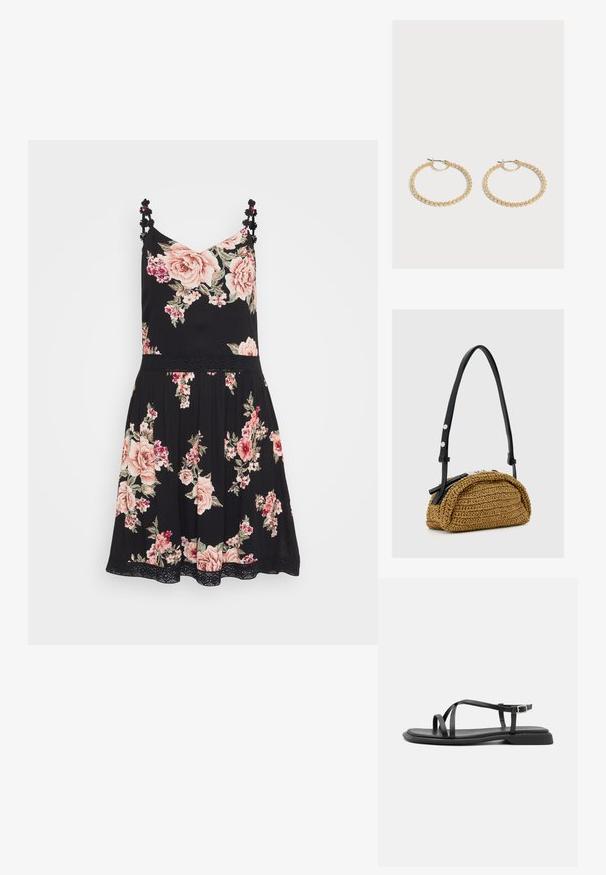 Zwarte bloemenjurk met roze rozen, spaghettibandjes met bloemaccenten en een geplooide rok. Lichtgewicht stof en kanten rand aan de onderkant.; Zwarte platte sandalen met dunne verstelbare bandjes, rechthoekige teenpost en een gestructureerde matte afwerking. Voorzien van een lage, licht vierkante hak.; Kleine tan gevlochten handtas met gebogen vorm, zwarte verstelbare leren band en zilveren ritssluiting.; Een paar middelgrote gouden oorringen met een getextureerd, kralenontwerp op een effen lichte achtergrond.