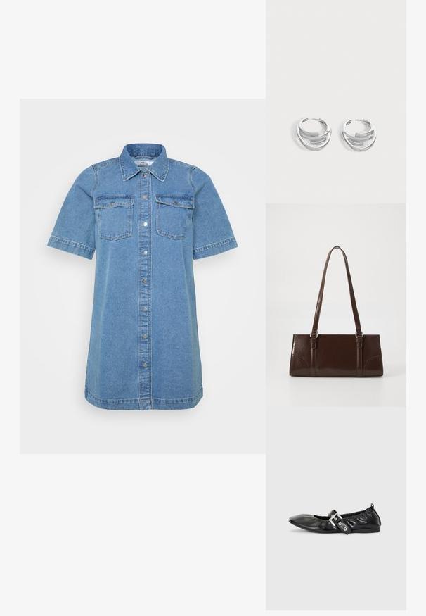 Vestido camisa de mezclilla en azul claro, con cuello tipo camisa, manga corta, dos bolsillos en el pecho y cierre de botones en el frente. Textura suave.; Zapato plano de piel negra con puntera afilada, detalle fruncido alrededor de la abertura y un acento de hebilla plateada en la correa ajustable.; Bolso de mano de piel sintética marrón con forma rectangular, dos asas largas y sutiles acentos curvados en la parte delantera.; Par de pendientes de aro plateados pulidos con diseño de barra curva en capas sobre un fondo claro y liso.