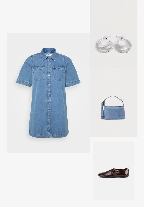 Vestido camisa de mezclilla en azul claro, con cuello tipo camisa, manga corta, dos bolsillos en el pecho y cierre de botones en el frente. Textura suave.; Zapato plano de charol marrón oscuro con una gran hebilla dorada y puntera redondeada, mostrado de perfil sobre un fondo blanco.; Bolso azul claro con relieve de cocodrilo, asa corta y correa de hombro desmontable. Textura lisa con cierre de cremallera.; Un par de pendientes de aro en forma de media luna pulidos en plata, con respaldos de plástico transparente, sobre una superficie blanca.