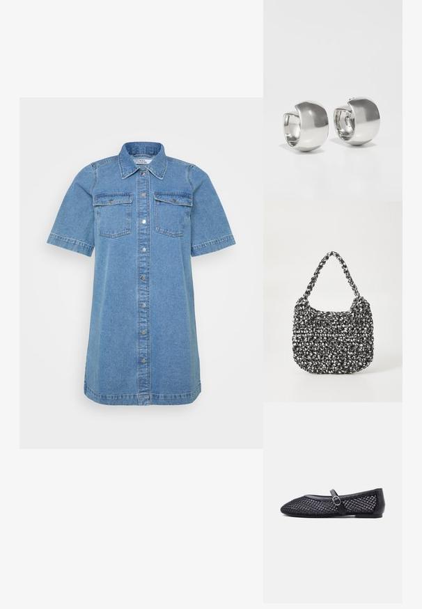 Vestido camisa de mezclilla en azul claro, con cuello tipo camisa, manga corta, dos bolsillos en el pecho y cierre de botones en el frente. Textura suave.; Zapato plano Mary Jane negro con diseño de malla y una correa con hebilla plateada en la parte superior, mostrado de lado.; Bolso de mano tejido en blanco y negro con forma redondeada, superficie texturizada y asa trenzada. Adecuado para uso casual.; Uncommon Matters SCULPTURAL LARGE CREOLE - Pendientes - silver-coloured