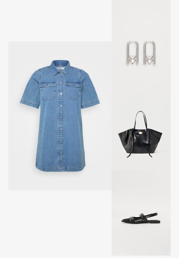 Denim skjortekjole i lyseblå, med krave, korte ærmer, to brystlommer og knaplukning foran. Glat tekstur.; Even&Odd Slingback-ballerinasko - black; Sort tote taske med krokodillestruktur, to lange håndtag og en lille gylden rektangulær lukning foran.; Sølv metal øreringe med en U-form og en hjerteaccent ved bunden, glat tekstur og en poleret overflade.
