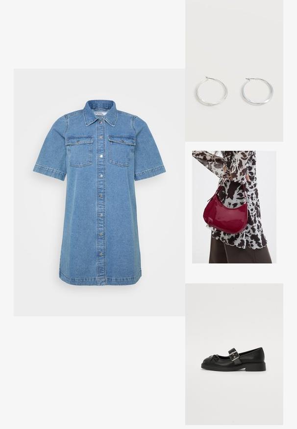 Denim skjortekjole i lyseblå, med krave, korte ærmer, to brystlommer og knaplukning foran. Glat tekstur.; Sort læder Mary Jane-sko med rund tå, ankelrem og sølv spænde detalje. Har en flad, chunky sål og en sløjfe akcent.; Kvinde iført en sort- og hvidmønstret bluse, der holder en blank rød skuldertaske mod en ensfarvet baggrund.; Sølvfarvede metaloorringe med glat, let buet overflade og låsemekanisme på en ensfarvet hvid baggrund.