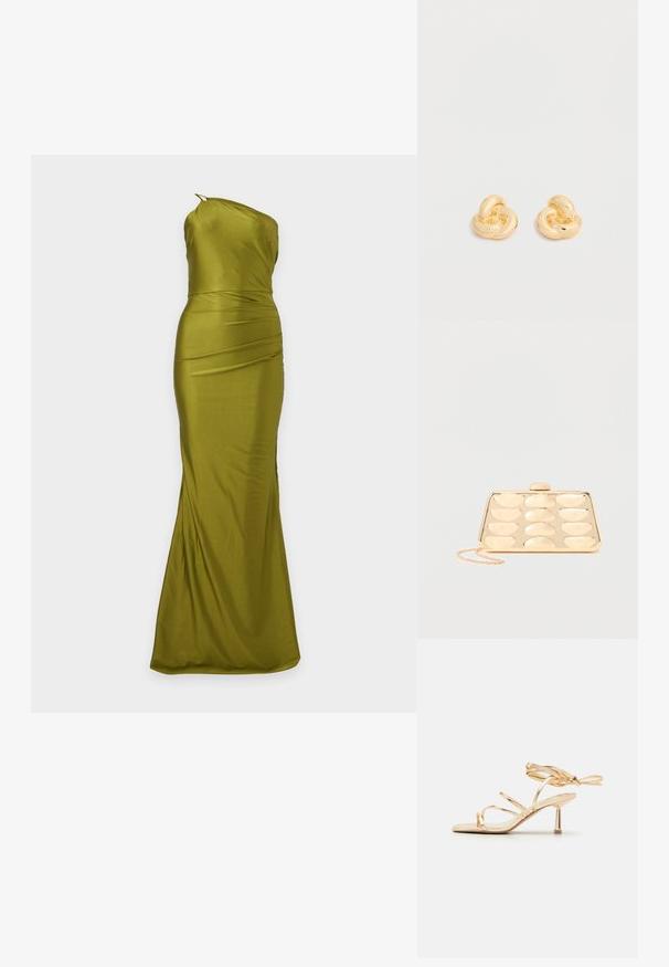 Longue robe en satin vert olive à encolure asymétrique, taille cintrée et subtil détail drapé, présentée sur un fond uni.; Sandale à talons hauts dorée avec un design élégant, de fines lanières, un lien à la cheville et un talon métallique minimaliste. Texture lisse.; Sac pochette doré avec motif rectangulaire embossé arrondi et une petite chaîne en bandoulière sur un fond uni.; Paire de clous d'oreilles en forme de nœud, couleur or brillant, sur un fond blanc uni.