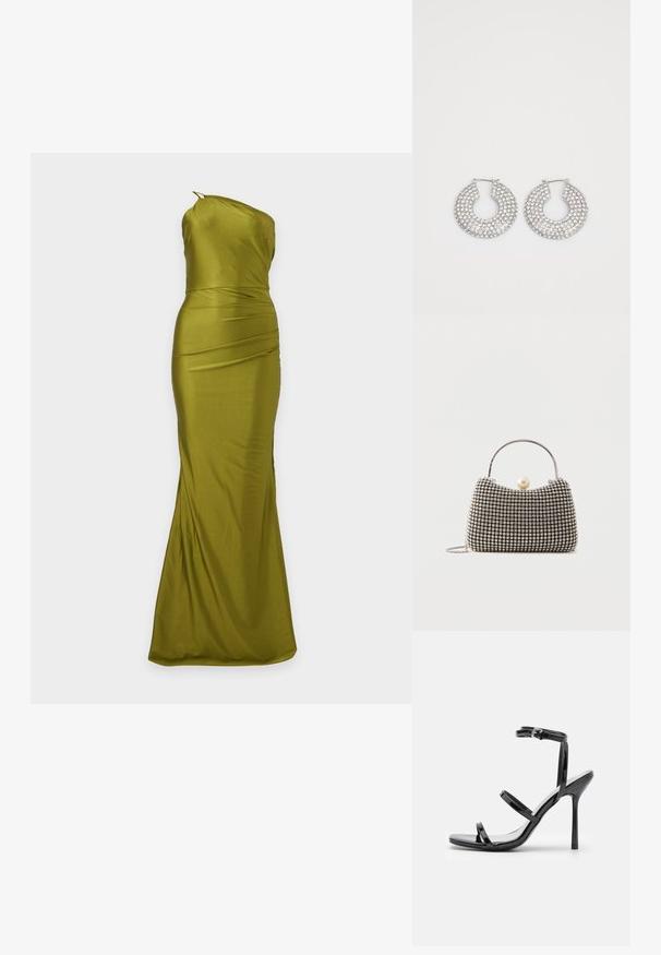 Longue robe en satin vert olive à encolure asymétrique, taille cintrée et subtil détail drapé, présentée sur un fond uni.; Sandales à talons hauts en cuir verni noir avec trois sangles horizontales et une sangle de cheville ajustable. Silhouette élégante et finition brillante.; Petit sac à main avec motif à carreaux argenté, poignée incurvée, grande fermeture à perle et une fine bandoulière en chaîne argentée sur un fond uni.; Boucles d'oreilles en argent en forme de créoles ornées de multiples embellissements en cristal transparent, présentant une surface texturée et un design circulaire ouvert.