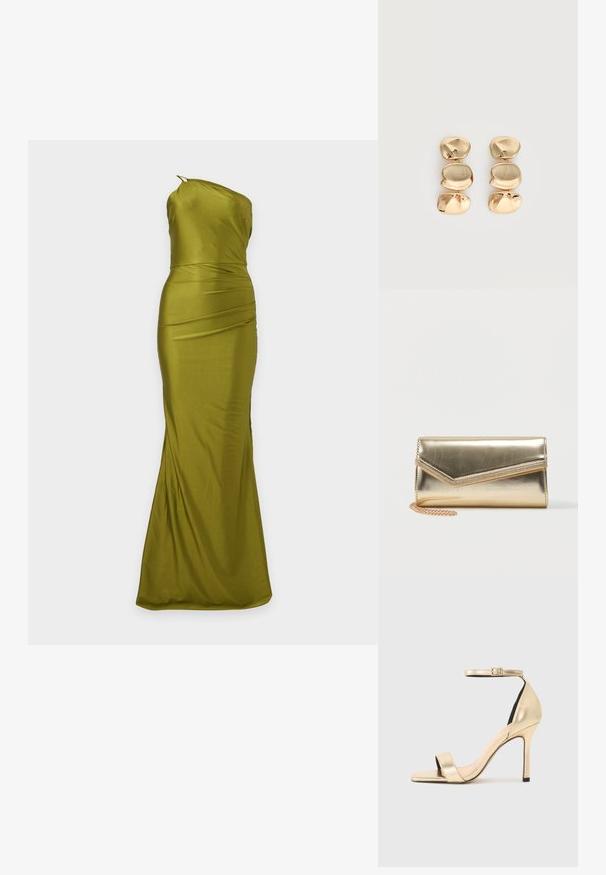 Longue robe en satin vert olive à encolure asymétrique, taille cintrée et subtil détail drapé, présentée sur un fond uni.; Sandale à talons hauts métalliques dorés avec une fine bride cheville, bout ouvert et un design épuré. Présente une texture lisse et des détails minimalistes.; Petit sac pochette doré brillant avec rabat enveloppe et une délicate chaîne dorée sur fond blanc.; Boucles d’oreilles pendantes ton or avec trois segments irréguliers, lisses et arrondis empilés verticalement sur un fond clair uni.
