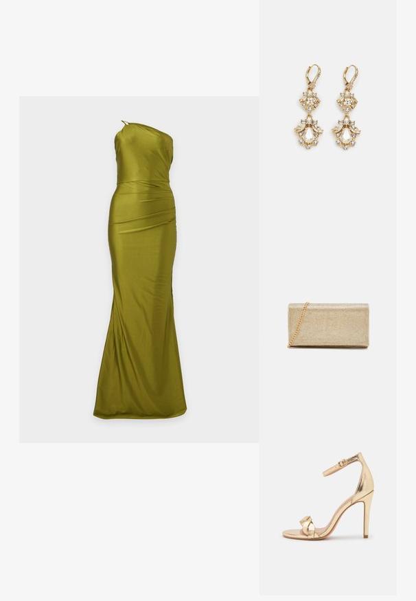 Longue robe en satin vert olive à encolure asymétrique, taille cintrée et subtil détail drapé, présentée sur un fond uni.; Anna Field by Zalando Sandales à talons hauts - gold; Clutch métallique doré avec une surface texturée, dotée d'une chaîne et ayant une forme rectangulaire, conçu pour une utilisation en soirée.; Boucles d'oreilles pendantes dorées présentant un design en grappe avec des cristaux clairs ronds et en forme de goutte, mettant en valeur des détails élaborés.