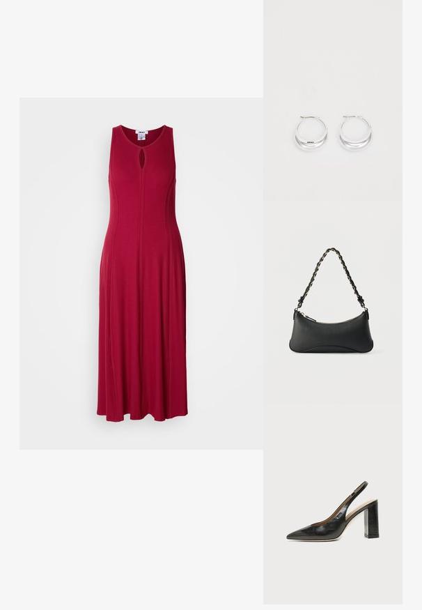 Lang, ærmeløs rød kjole lavet af ribbet stof, med en nøglehul-halsudskæring og et svajet skørtdesign for en afslappet pasform.; Sort læder peep-toe slingback sko med høj blokhæl og beige indvendig foring mod en ensfarvet lys baggrund.; Sort skuldertaske i læder med en buet rektangulær form, gyldent kæde vævet ind i en flettet sort rem og toplynlås.; Sølv hoops øreringe med en poleret overflade og DKNY branding, præsenteret mod en simpel hvid baggrund.
