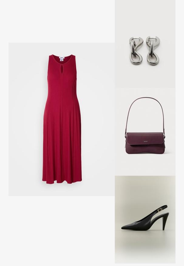 Robe longue sans manches en tissu côtelé, avec un décolleté en trou de serrure et une jupe fluide pour une coupe décontractée.; Escarpin à bride arrière en cuir noir avec bout pointu, boucle dorée et talon effilé sur un fond neutre.; Sac à main en cuir bordeaux au design structuré, avec une fermeture à rabat et une bandoulière ajustable. Détail du logo embossé sur le devant.; Paire de boucles d'oreilles en métal argenté avec un motif abstrait d'anneaux entrelacés sur fond blanc.