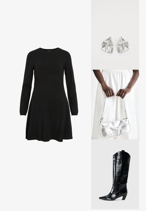 Vestido negro de manga larga hecho de tela de punto, con escote redondo y dobladillo acampanado, que ofrece una silueta simple y ajustada.; Botas de cuero negras hasta la rodilla con punta afilada, tacón bajo y detalle de costura decorativa en los laterales. Acabado suave y brillante.; Bolso metálico plateado con detalle de cordones, que presenta un diseño elegante y una correa corta. El bolso está sostenido con las manos, mostrando su textura.; Pendientes de metal plateado con un diseño ondulado y escultórico, que presentan un acabado pulido y formas irregulares, destacando una estética contemporánea.