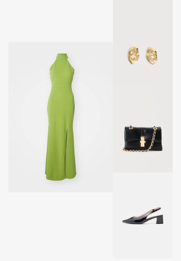 WAL G. SARA - Pidulikud riided - dark olive green; Mustast lakknahast slingback-kontsaga king, millel on terav nina ja tugev kand, külgedel lõikega detail.; Mustast nahast õlakott kuldse ketist rihma ja ristkülikukujulise kulla kinnitusega, taustaks ühtlane hele pind.; Paari läikivaid, ebakorrapärase kujuga kuldse metalliga kõrvarõngaid kortsus, sileda pinnaga tavalise heleda taustal.
