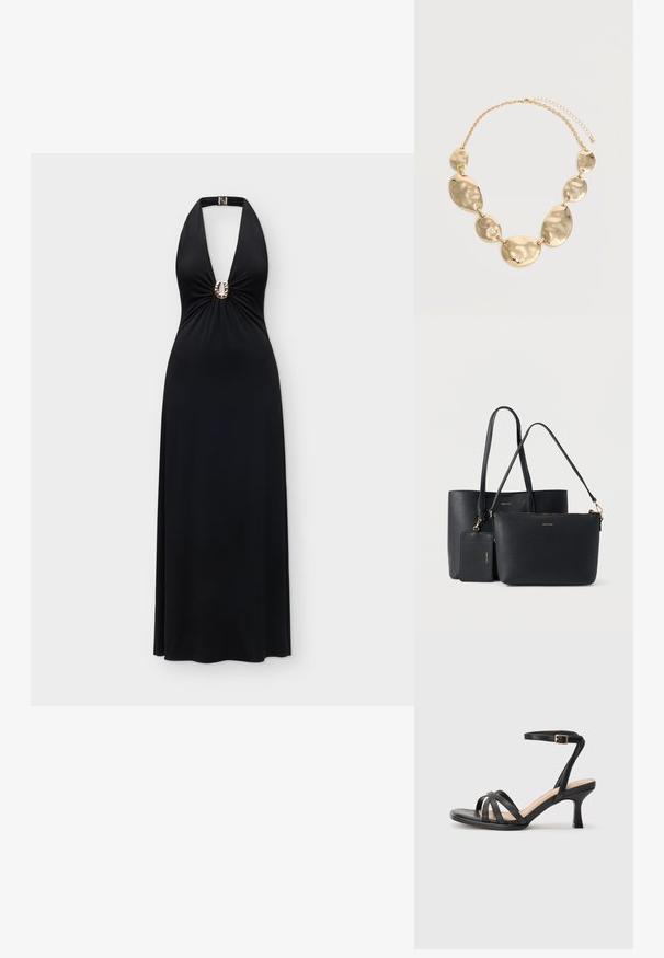 Robe maxi noire à col halter avec un profond décolleté en V et un anneau décoratif doré au centre devant.; Sandales à talons noirs avec plusieurs fines lanières sur le bout, une seule lanière à la cheville avec une boucle dorée, et un bout carré.; Ensemble de deux sacs en similicuir noir, un grand cabas et un sac plus petit avec fermeture éclair, avec des accents de ferrures dorées et un logo embossé.; Collier chaîne ton or avec six plaques métalliques ovales et rondes irrégulières martelées reliées ensemble et fermoir ajustable.