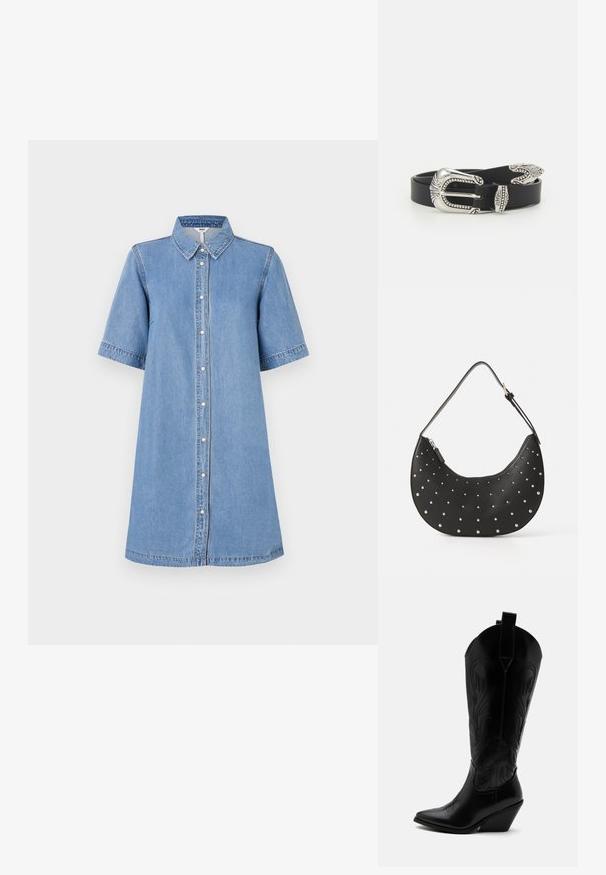 Robe chemise en denim, bleu clair, manches courtes, col, fermeture à boutons sur le devant, longueur genoux, détails de couture sur les manches, coupe décontractée.; Botte de cowboy en cuir noir avec bout pointu, talon bloc incliné, couture décorative et languettes en haut sur fond blanc.; Sac à main en cuir noir avec une forme arrondie, orné de clous en argent, doté d'une fermeture éclair et d'une seule sangle ajustable.; Ceinture en cuir noir avec une grande boucle en métal argenté dotée de détails complexes et d'accents décoratifs à chaque extrémité.