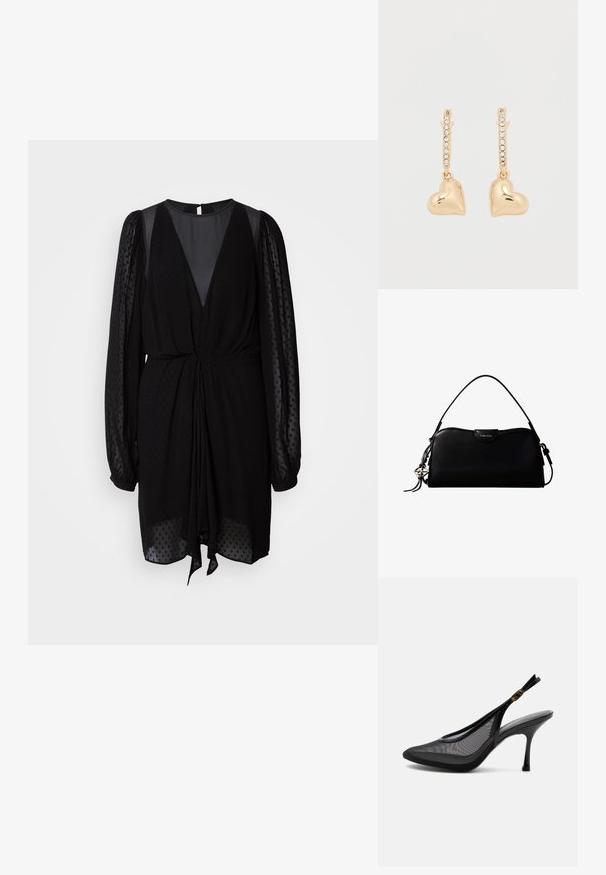 Zwarte jurk met een diepe V-hals, textuur en doorzichtige lange mouwen, en een gathered taille. Heeft een strikdetail aan de voorkant en een gladde, vloeiende stof.; Zwarte spits toelopende slingback hoge hak schoen met mesh panelen en een gouden gesp op de enkelriem, weergegeven op een witte achtergrond.; Zwarte rechthoekige Calvin Klein handtas met enkele bovenriem, zilveren logo-ornament en een kleine klepsluiting aan de voorkant.; Gouden oorbellen met hartvormige hangers, geaccentueerd door een rij van kleine strass-steentjes op de ring. Reflecterend, glad oppervlak.