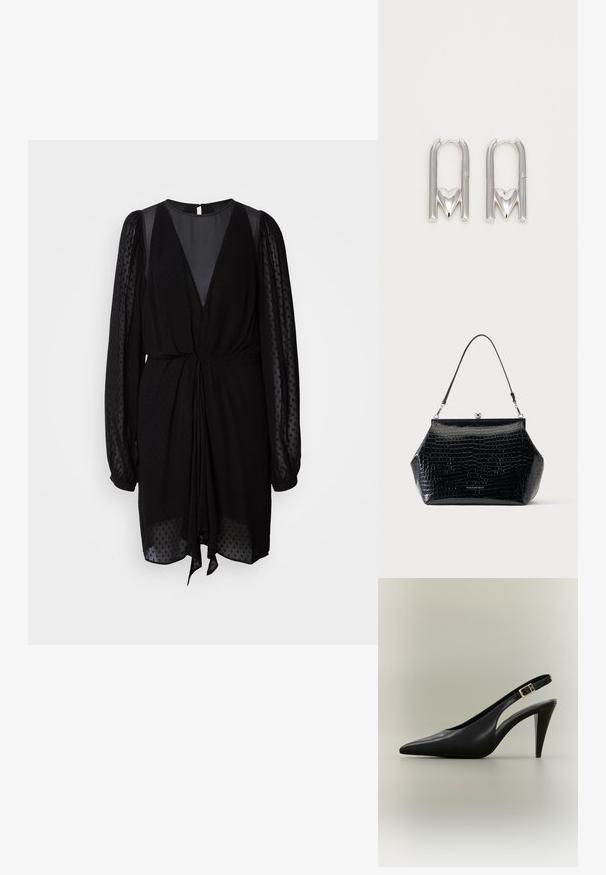Zwarte jurk met een diepe V-hals, textuur en doorzichtige lange mouwen, en een gathered taille. Heeft een strikdetail aan de voorkant en een gladde, vloeiende stof.; Zwarte leren slingback pumps met een puntige neus, een gouden gesp en een taps toelopende hak tegen een neutrale achtergrond.; Zwarte lakleren handtas met krokodillenstructuur, zilveren sluiting en een enkele dunne schouderband op een effen achtergrond.; Zilveren metalen oorbellen in de vorm van een U met een hartenaccent aan de basis, met een gladde textuur en een gepolijste afwerking.