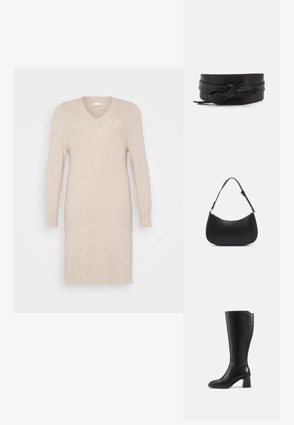 Beige gebreide jurk met een V-hals, lange mouwen met manchetten, en een getailleerde silhouet. Gladde textuur en jurk tot de knie.; Zwarte leren kniehoge laars met blokhak en afgeronde neus, zijaanzicht op een effen achtergrond.; Pieces PCALUANA SHOULDER BAG - Handtas - black; Zwarte leren riem met een gladde textuur, breed bandontwerp, met een geknoopte accent aan de voorkant en een eenvoudige, strakke vorm.
