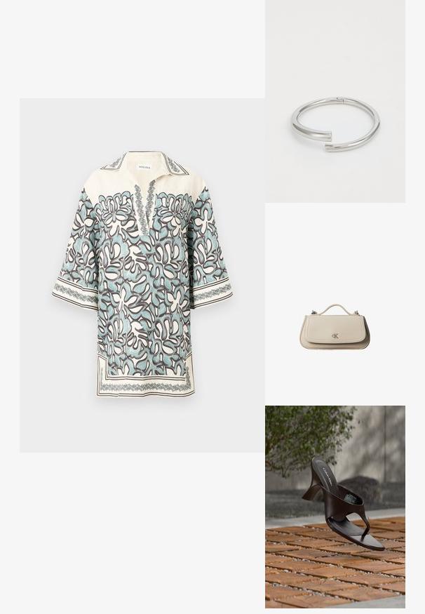Kortærmet bluse i creme med et blomstermønster i lyseblå og brun, med en klapkrave og dekorative detaljer langs kanterne.; Brun Calvin Klein hælet thong sandal svævende over træflise og grus udendørs med sløret grønt og stenmur i baggrunden.; Lille beige læderhåndtaske med top håndtag og sølv CK-logo på frontklap, vist mod en hvid baggrund.; Calvin Klein SPIRAL - Armbånd - silver-coloured