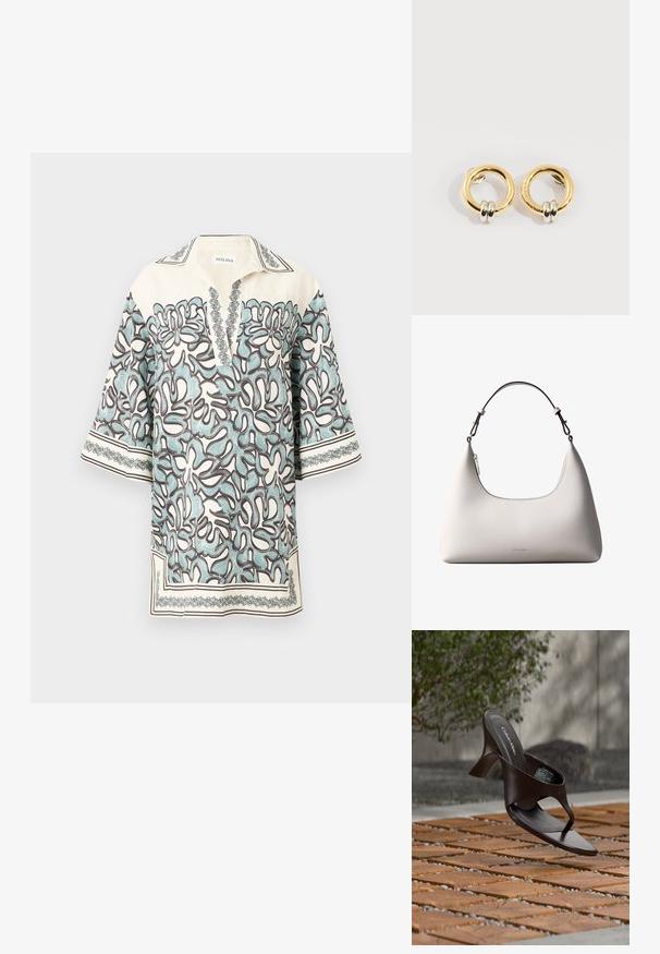 Korteblauwe blouse in crèmekleur met een bloemenpatroon in lichtblauw en bruin, met een notch-kraag en decoratieve accenten langs de randen.; Bruine Calvin Klein teenslipper met hak, hangend boven houten tegels en grind op een buitenvloer met een vage achtergrond van groen en stenen.; Romige Calvin Klein leren schoudertas met gebogen bovenrand, zilveren rits en donkerbruine verstelbare riem.; Gouden ronde oorbellen met aan elke oorbel twee kleine zilveren ringetjes, met subtiele gegraveerde merknamen, geplaatst op een witte achtergrond.