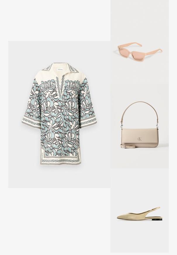 Kortærmet bluse i creme med et blomstermønster i lyseblå og brun, med en klapkrave og dekorative detaljer langs kanterne.; Beige spids tå slingback flad sko med lav sort hæl og en glat læderfinish, vist fra siden på en ensfarvet baggrund.; Rektangulære lyse ferskenfarvede solbriller med tykke stel og matchende tonede linser på en ensfarvet lys baggrund.; Beige læderhåndtaske med top-håndtag og aftagelig skulderrem, med en sølv "cK" logo på forklappen.