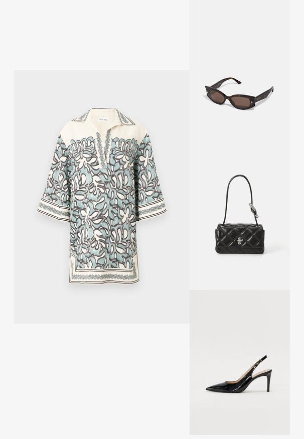 Kortærmet bluse i creme med et blomstermønster i lyseblå og brun, med en klapkrave og dekorative detaljer langs kanterne.; Sort patenteret læder slingback stiletto med spids tå, slank hæl og et subtilt udskæringsdesign. Har en gylden spænde på remmen.; Skildpaddemønstret solbriller med katteøjeform, brune linser, guld accenter på stellet og teksturerede arme med små dekorative nitter.; Sort læderhåndtaske med quiltet design, rund form, kort skulderrem og hardware i sølvtoner med låse detaljer.