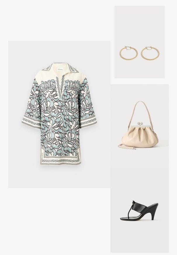 Kortærmet bluse i creme med et blomstermønster i lyseblå og brun, med en klapkrave og dekorative detaljer langs kanterne.; Sort højhælet sandal med bred frontrem og en tåsløjfe med en knyttet snordetalje, vist i profil på hvid baggrund.; Beige blød læderhåndtaske med en sølv metalramme-lukning, enkelt skulderstrop og en valgfri kæderem på en hvid baggrund.; Par medium-størrelse guldbøjleøreringe med et tekstureret perle-design på en ensartet lys baggrund.