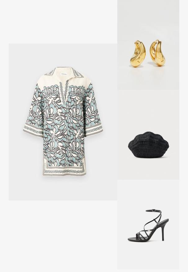 Kortærmet bluse i creme med et blomstermønster i lyseblå og brun, med en klapkrave og dekorative detaljer langs kanterne.; Sort højhælet sandal med tynde stropper, en ankelspænde, en glat læderoverflade og en slank stilethæl.; Sort flet håndtaske formet som en muslingeskal med en buet top og flettet tekstur på en ensfarvet baggrund.; Guldringeøreringe med en glat, buet form og poleret overflade. Udstyret med en lukkeanordning og lette fordybninger for detaljer.