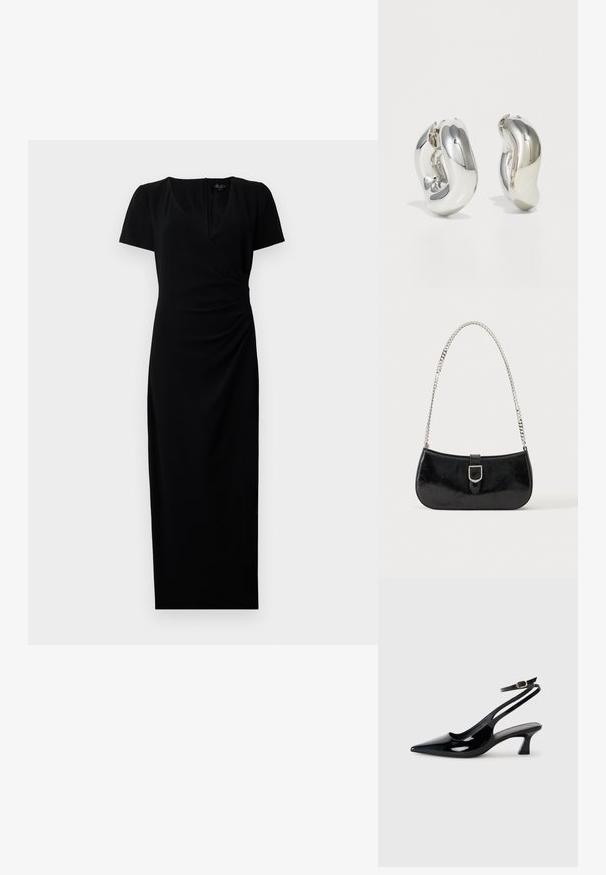 Robe noire mi-longue avec des manches courtes, décolleté en V et design à enroulement à l'avant. Tissu lisse avec des détails froncés sur le côté pour une silhouette flatteuse.; Escarpins à brides arrière en cuir verni noir, à bout pointu, avec un petit talon carré et une sangle de cheville ajustable dotée d'une boucle dorée.; Sac à épaule en cuir verni noir avec détail de boucle argentée et bandoulière en chaîne argentée, présenté sur un fond uni clair.; Boucles d'oreilles sculpturales en argent avec des formes douces et courbes et des surfaces réfléchissantes. Présentent un design de boucle fermée et une forme organique distincte.