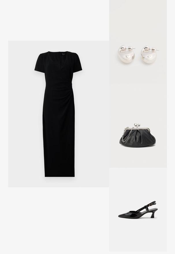 Robe noire mi-longue avec des manches courtes, décolleté en V et design à enroulement à l'avant. Tissu lisse avec des détails froncés sur le côté pour une silhouette flatteuse.; Chaussure slingback en cuir verni noir à petit talon, bout pointu et bride réglable avec boucle dorée sur fond blanc.; Porte-monnaie en cuir noir avec texture froncée, cadre en métal argenté, fermeture à verrouillage kiss-lock et bandoulière en chaîne. Surface lisse et douce.; Paire de boucles d'oreilles argentées brillantes et épaisses avec fermoirs à tige, sur fond blanc uni.