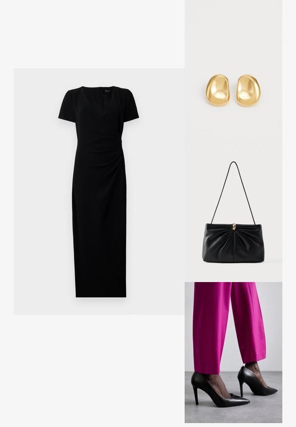 Robe noire mi-longue avec des manches courtes, décolleté en V et design à enroulement à l'avant. Tissu lisse avec des détails froncés sur le côté pour une silhouette flatteuse.; Chaussures à talons hauts noires avec un design à bout pointu et une texture en cuir lisse. Associées à des pantalons ajustés rose vif.; Sac à main en cuir noir avec un design torsadé à l'avant, une bandoulière unique et un accent en métal doré au centre. Texture lisse.; Boucles d'oreilles en forme de clou de couleur or, avec une forme lisse et arrondie et une surface réfléchissante, mettant en avant un design minimaliste sans motifs visibles.