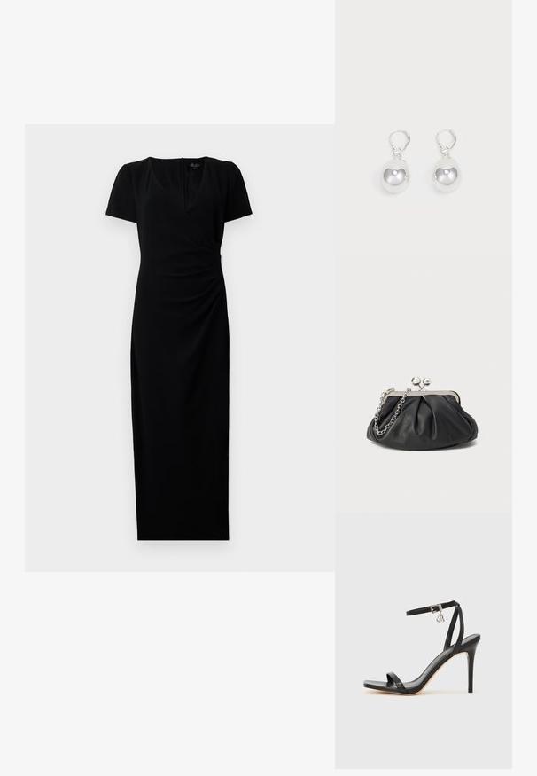 Robe noire mi-longue avec des manches courtes, décolleté en V et design à enroulement à l'avant. Tissu lisse avec des détails froncés sur le côté pour une silhouette flatteuse.; Sandale à talon haut noire avec une bride étroite à la cheville, bout carré, cuir lisse et accent de boucle métallique.; Porte-monnaie en cuir noir avec texture froncée, cadre en métal argenté, fermeture à verrouillage kiss-lock et bandoulière en chaîne. Surface lisse et douce.; Boucles d'oreilles en argent en forme de goutte avec des surfaces lisses, rondes et réfléchissantes, suspendues à des fermoirs à ressort. L'arrière-plan est blanc uni.