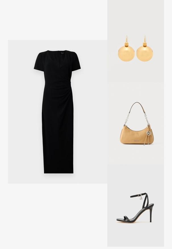 Robe noire mi-longue avec des manches courtes, décolleté en V et design à enroulement à l'avant. Tissu lisse avec des détails froncés sur le côté pour une silhouette flatteuse.; Sandale à talon haut noire avec une bride étroite à la cheville, bout carré, cuir lisse et accent de boucle métallique.; Sac à main Michael Kors en cuir marron clair avec poignée chaîne argentée, breloque logo, et inscription "MICHAEL KORS" sur le devant.; Paire de boucles d'oreilles boule de Noël dorées brillantes avec fermoirs à crochet sur fond blanc uni.