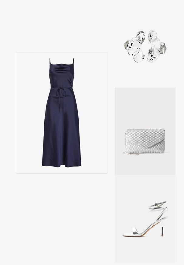 Navy satin kjole med tynde stropper, et tætsiddende liv, en taljebånd og en svævende A-formet skirt, der fremviser en glat og blank overflade.; Sølv højhællet sandal med ankelremme og en tynd stilethæl, vist fra siden på en hvid baggrund.; Sølv mesh aftenclutch med konvolutklap og tynd kæderem på ens hvid baggrund.; Klynge af seks uregelmæssigt formede, gennemsigtige og reflekterende glaslignende stykker arrangeret på en hvid baggrund.