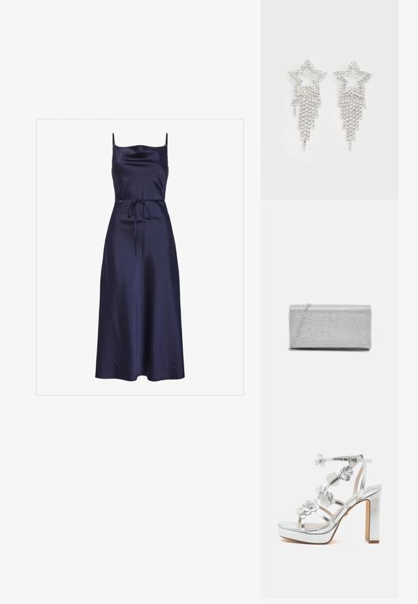 Navy Satin-Kleid mit dünnen Trägern, einem figurbetonten Oberteil, einem Taillengürtel und einem fließenden A-Linien-Rock, der eine glatte und glänzende Textur zeigt.; Silberne High-Heel-Sandale mit Plateau-Sohle, Knöchelriemen, mehreren Blumenverzierungen an den Riemen und Blockabsatz.; Silberne metallische Clutch-Tasche mit gewebtem Mesh-Design, rechteckiger Form und einer Kettenriemen zum Tragen. Glatte Textur und polierte Oberfläche.; Glitzernde Sternohrringe mit herabhängendem Fransen-Detail, in silberner Farbe und mit einer glänzenden, reflektierenden Oberfläche. Sternform mit filigranem Design.