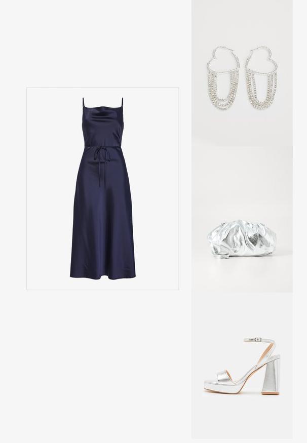 Navy satijnen jurk met dunne bandjes, een getailleerde taille, een tailleband en een vloeiende A-lijn rok, met een gladde en glanzende textuur.; Zilveren platform sandalen met een brede teenband, enkelband met gesp en een chunky hak. Gladde metallic afwerking en plat zoolontwerp.; Metalen zilveren clutch tas met een zachte, geplooide body en een dunne schouderriem. Kenmerkt zich door een gladde, glanzende textuur en afgeronde vorm.; Zilveren oorringen in de vorm van een hart, versierd met watervalletjes van heldere rhinestones voor extra sprankeling en textuur.