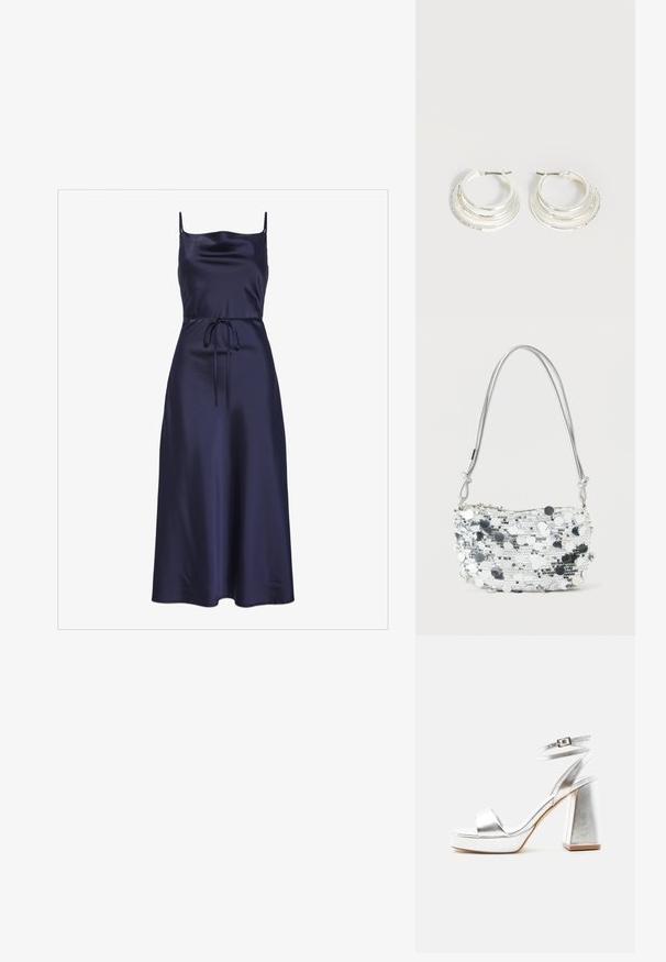 Navy satin kjole med tynde stropper, et tætsiddende liv, en taljebånd og en svævende A-formet skirt, der fremviser en glat og blank overflade.; Sølv metallic højhælet sandal med ankelrem, blokhæl og åben tå på en ensartet lys baggrund.; Sølvglitrende håndtaske med rund form, lynlåslukning og en tynd metallisk rem. Har reflekterende cirkulære accenter og tekstureret overflade.; Sølv hoop øreringe med tre lagdelte halvcirkelformede bånd, hvoraf det ene er udsmykket med små klare krystaller på en lys baggrund.