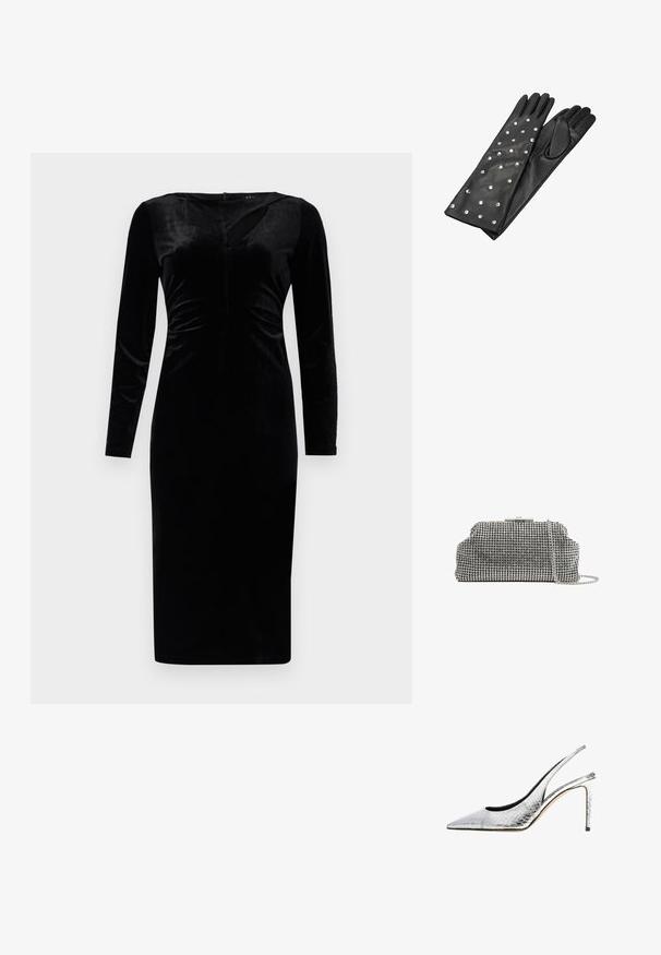 Schwarzes Samtkleid mit langen Ärmeln, das eine figurbetonte Passform, einen V-Ausschnitt, dezente Raffung und einen knielangen Saum aufweist. Glatte Textur.; Silberner Slingback-Pumps mit hohem Absatz, spitzer Zehenpartie und texturiertem Muster, von der Seite auf weißem Hintergrund gezeigt.; Reiss ADALINE EMBELLISHED - Clutch - silver coloured; Schwarze Lederhandschuhe mit langen Fingern, die mit silbernen Nieten in einem Muster angeordnet sind. Glatte Textur mit einem engen Sitz am Handgelenk.