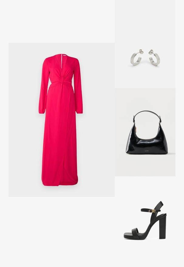 Robe longue rose avec des manches longues, un détail de taille noué, un décolleté en V profond et une fente à l'avant. Fabriquée en tissu doux et fluide.; Sandal à talons hauts noirs en cuir lisse, avec une large lanière à l'avant, une lanière de cheville avec une boucle dorée et un talon carré épais.; Sac à main Calvin Klein noir brillant avec fermeture éclair dorée et anse courte sur fond blanc uni.; Boucles d'oreilles en métal argenté avec un design texturé, dotées d'un petit fermoir et d'une marque sur une des hoops. Forme arrondie avec une finition polie.