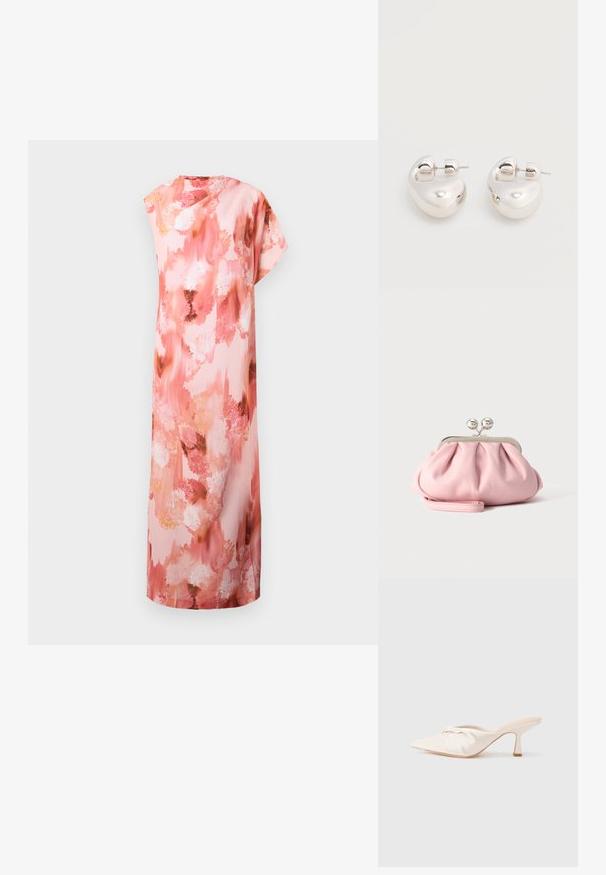 Vestido maxi floral en suaves tonos rosa y melocotón, con un patrón abstracto de acuarela, mangas cortas y una silueta relajada.; Zapato mule de tela beige claro con un diseño anudado en la parte delantera, punta afilada y un tacón delgado y estrecho. Textura suave en general.; Pequeño bolso de mano rosa suave con marco metálico plateado y cierre redondo, reposando sobre una superficie plana y clara con la correa de muñeca doblada al frente.; Par de pendientes llamativos de aro grueso plateado brillante con cierre de poste sobre un fondo blanco liso.