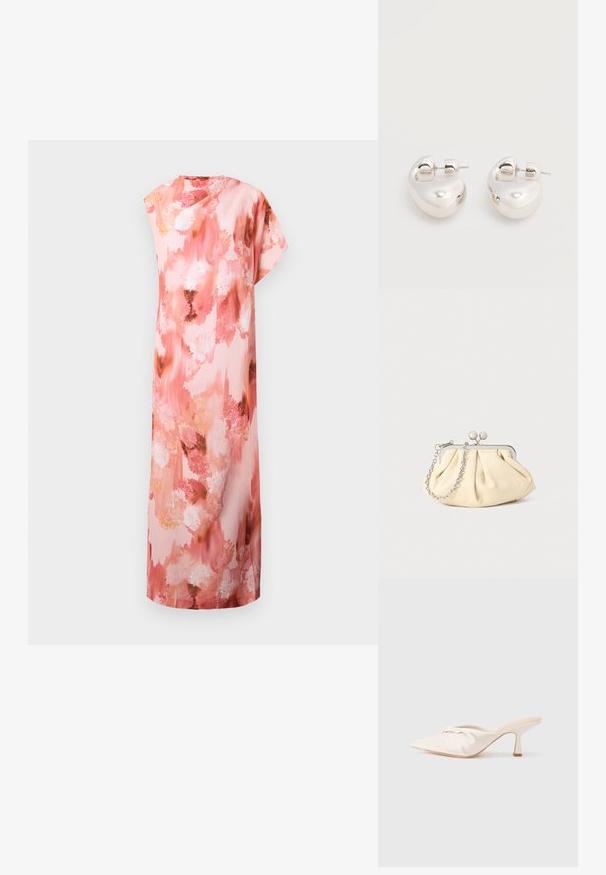 Vestido maxi floral en suaves tonos rosa y melocotón, con un patrón abstracto de acuarela, mangas cortas y una silueta relajada.; Zapato mule de tela beige claro con un diseño anudado en la parte delantera, punta afilada y un tacón delgado y estrecho. Textura suave en general.; Clutch de cuero beige plisado con un marco de metal plateado, que cuenta con dos broches decorativos redondos y una correa de cadena plateada.; Par de pendientes llamativos de aro grueso plateado brillante con cierre de poste sobre un fondo blanco liso.