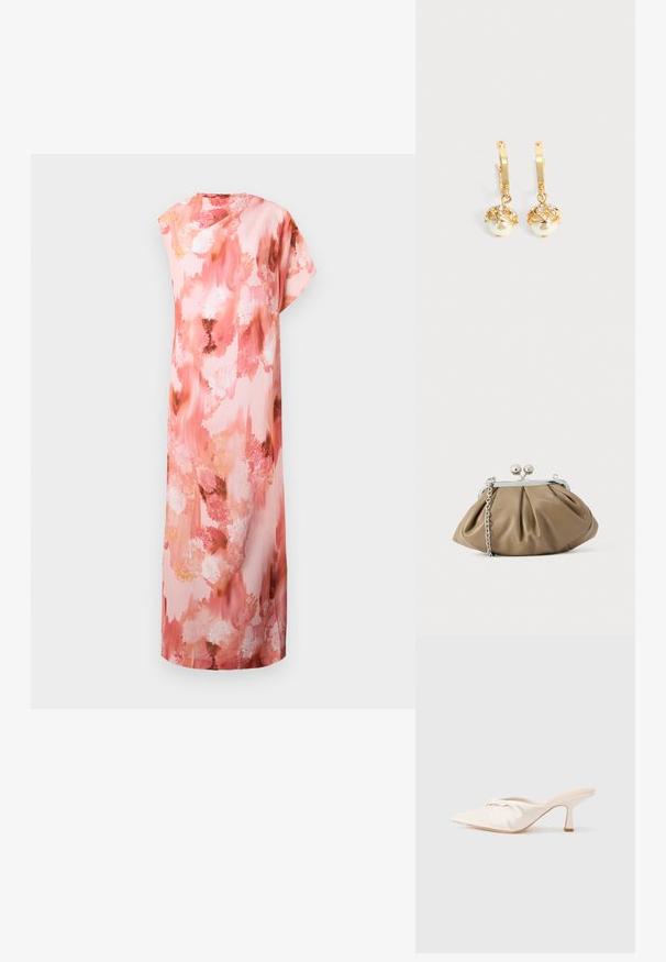 Florale maxi-jurk in zachte roze en perzische tinten, met een abstract aquarelpatroon, korte mouwen en een ontspannen silhouet.; Muil in lichtbeige stof met een geknoopt ontwerp aan de voorkant, een puntige neus en een slanke, taps toelopende hak. Over het geheel genomen een gladde textuur.; Leren clutch in zacht beige met een afgeronde vorm, geplooide textuur, zilveren kiss-lock sluiting en een afneembare kettingriem.; Gouden oorringen met hangende witte parels omhuld met goud en kleine heldere kristallen op een effen lichte achtergrond.
