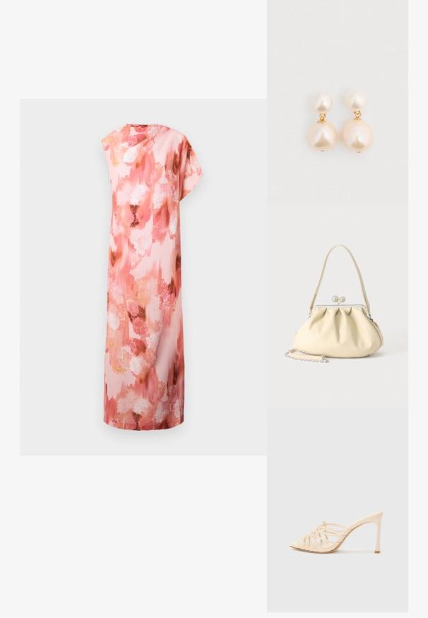 Vestido maxi floral en suaves tonos rosa y melocotón, con un patrón abstracto de acuarela, mangas cortas y una silueta relajada.; Mules de tacón alto en beige con un diseño de tiras. Presentan una punta cuadrada, una textura suave y un tacón delgado con un acento dorado en la base.; Bolso de mano de piel suave color crema con diseño fruncido, cierre de marco plateado, asa corta y una correa de cadena desmontable.; Pendientes de perlas que presentan dos perlas texturizadas de color blanco roto en tamaños graduados, conectadas por herrajes de tono dorado. Acabado liso y brillante.