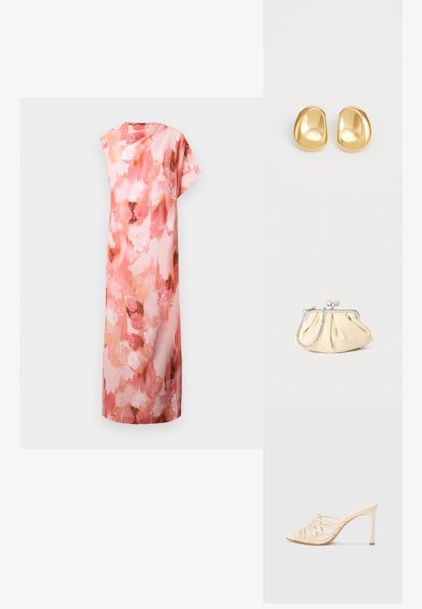 Vestido maxi floral en suaves tonos rosa y melocotón, con un patrón abstracto de acuarela, mangas cortas y una silueta relajada.; Mules de tacón alto en beige con un diseño de tiras. Presentan una punta cuadrada, una textura suave y un tacón delgado con un acento dorado en la base.; Clutch de cuero beige plisado con un marco de metal plateado, que cuenta con dos broches decorativos redondos y una correa de cadena plateada.; Pendientes de studs en color dorado con una forma suave y redondeada y una superficie reflectante, que exhiben un diseño minimalista y sin patrones visibles.