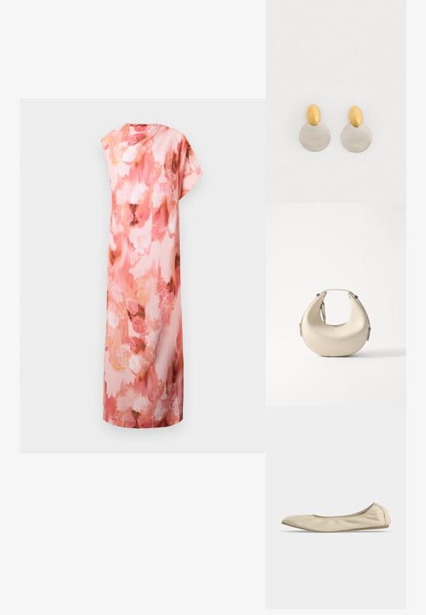 Florale maxi-jurk in zachte roze en perzische tinten, met een abstract aquarelpatroon, korte mouwen en een ontspannen silhouet.; Beige zachte leren ballerina met afgeronde neus, laag uitgesneden zijprofiel en slanke rubberen zool op een effen witte achtergrond.; Hobo tas met een gladde, crèmekleurige leren buitenkant, een afgeronde vorm en minimalistische zilveren hardware accenten bij het handvat.; Gouden en zilveren metalen oorbellen met een ronde schijfbasis en een ovale bovenstuk, gladde textuur en gepolijste afwerking.